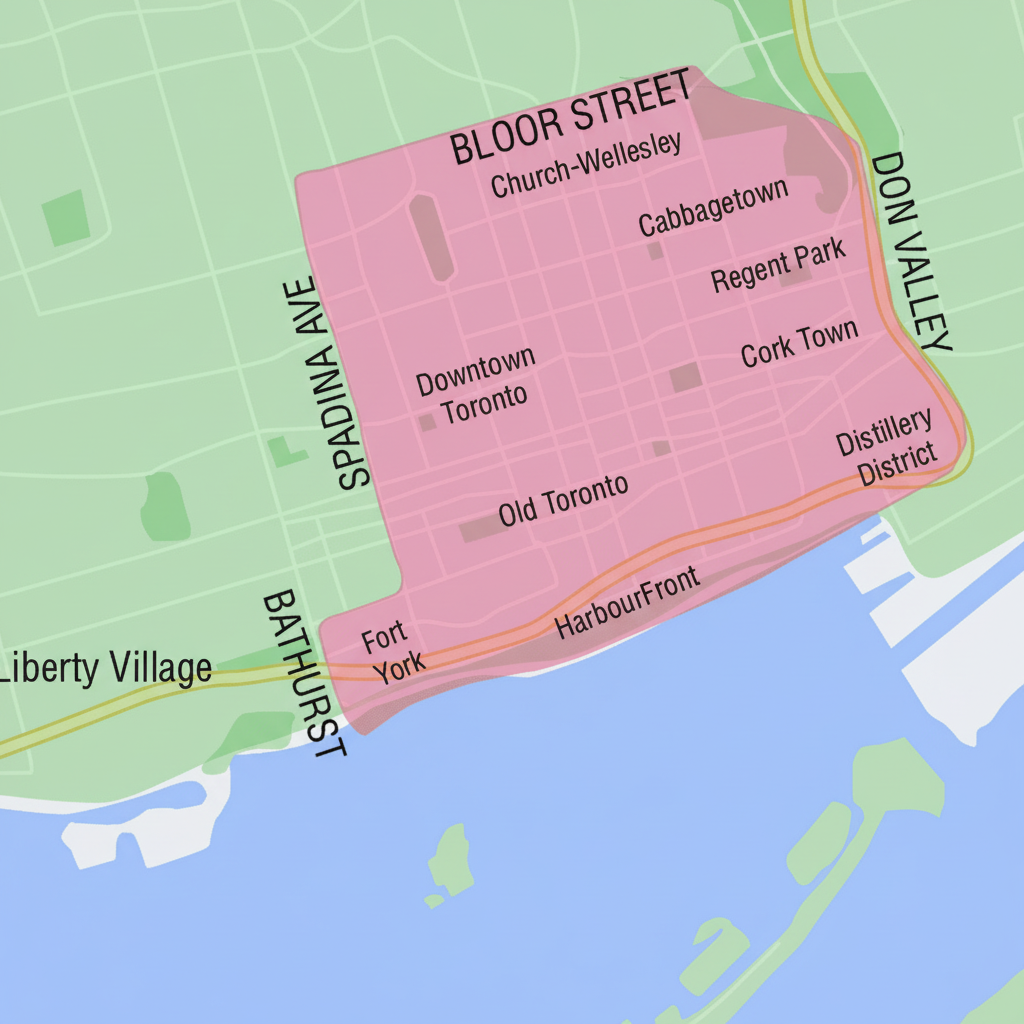 Map showing downtown Toronto highlighted in pink, bordered by Spadina Ave, Bathurst, the Don Valley, and the waterfront. Neighborhoods like Church-Wellesley, Old Toronto, and Distillery District are labeled within the area.