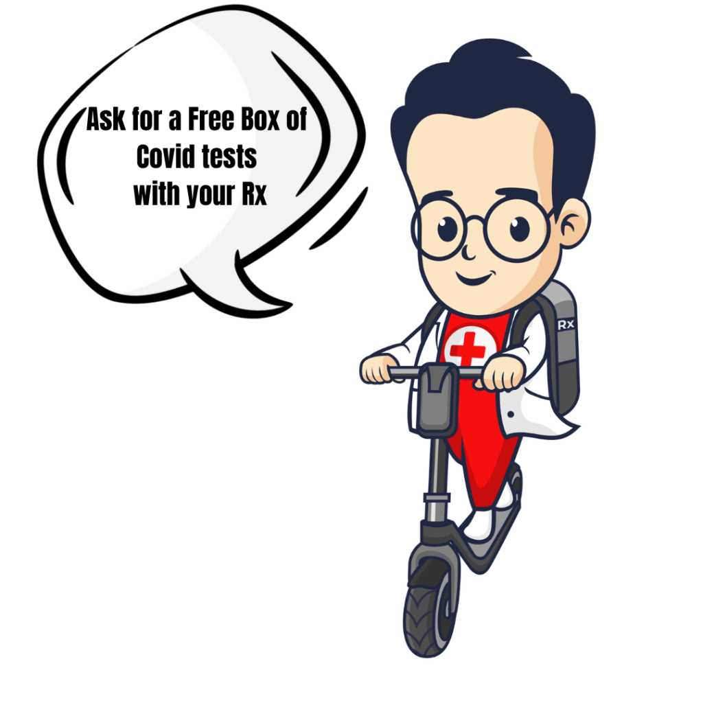 MisterPharmacist_Toronto_Online_Pharmacy A cartoon character wearing glasses and a lab coat with a red cross rides a scooter emblazoned with "TorontoOnlinePharmacy." A speech bubble says, "Ask for a Free Box of Covid tests with your Rx." Experience fast prescription delivery like never before!