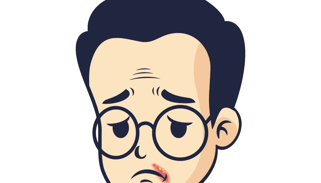 Cartoon of a sad person with glasses, dark hair, and a cold sore on their lower lip, frowning with a worried expression.