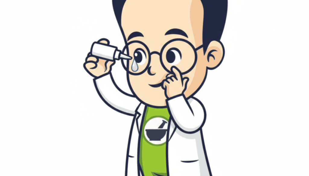 Cartoon of a person in a lab coat and glasses holding an eye drop bottle, applying drops to their right eye. The character has short dark hair and wears a green shirt with a white design.