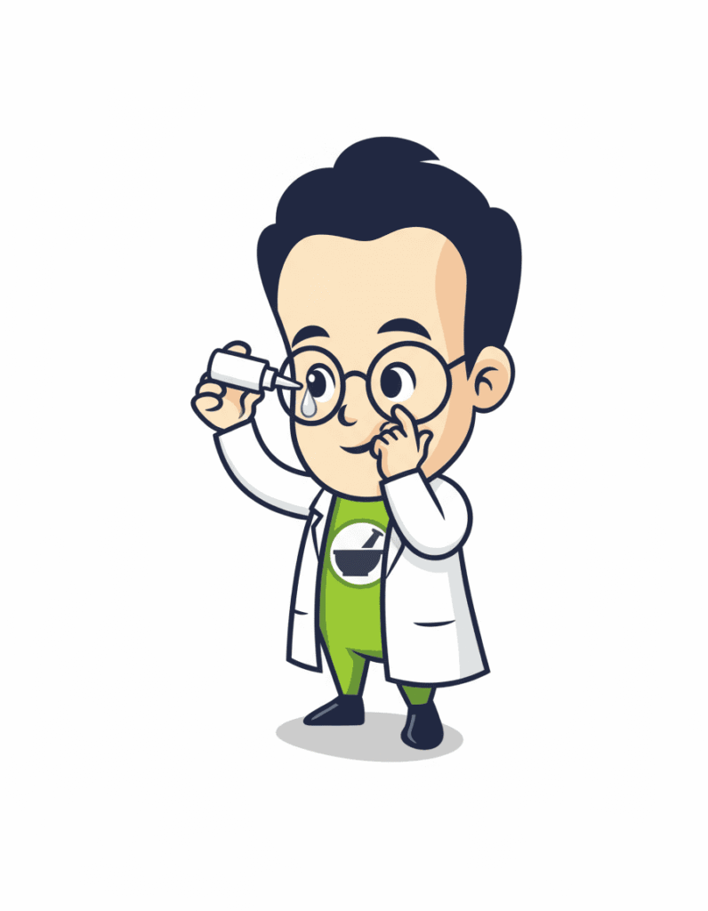 Cartoon of a person in a lab coat and glasses holding an eye drop bottle, applying drops to their right eye. The character has short dark hair and wears a green shirt with a white design.