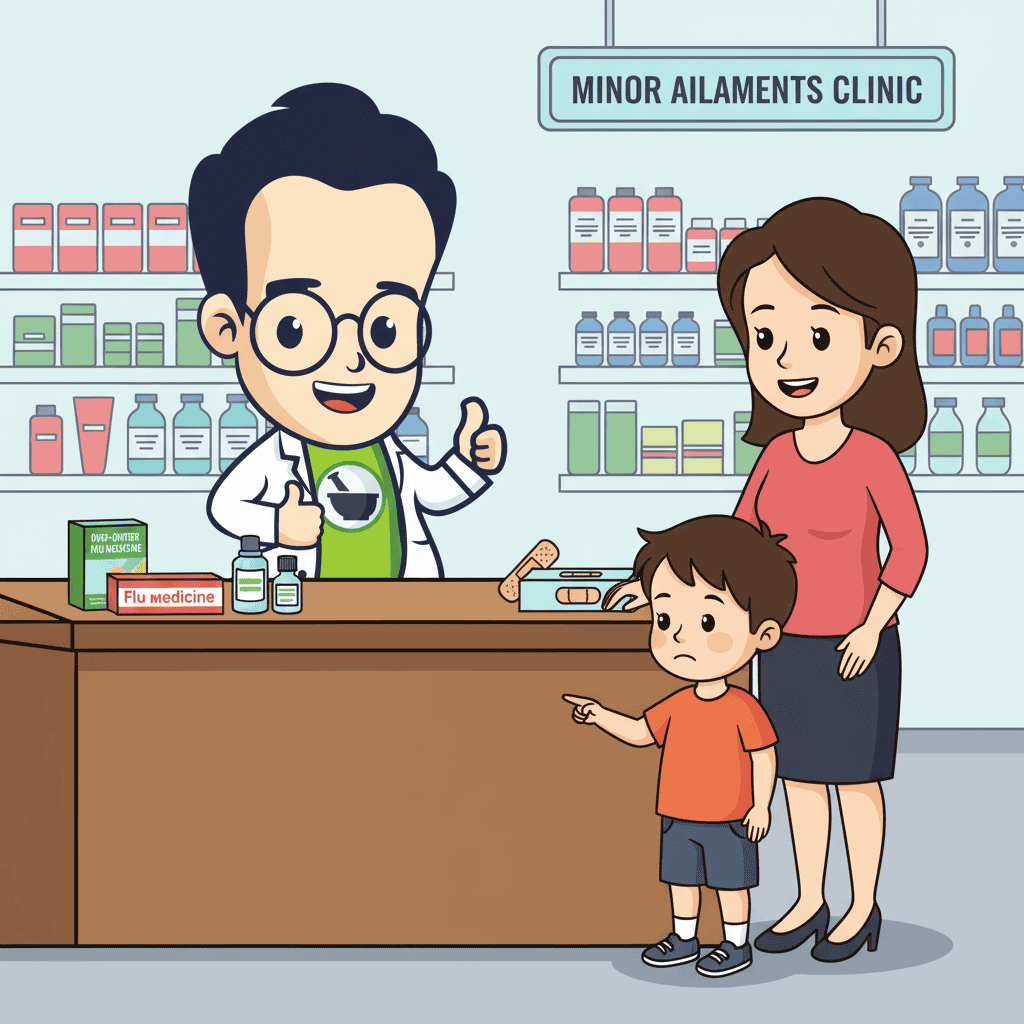 A pharmacist gives a thumbs up behind a counter with medicine, bandages, and a flu medicine box. A woman stands beside a sad-looking boy who is pointing at the counter under a sign reading "Minor Ailments Clinic.
