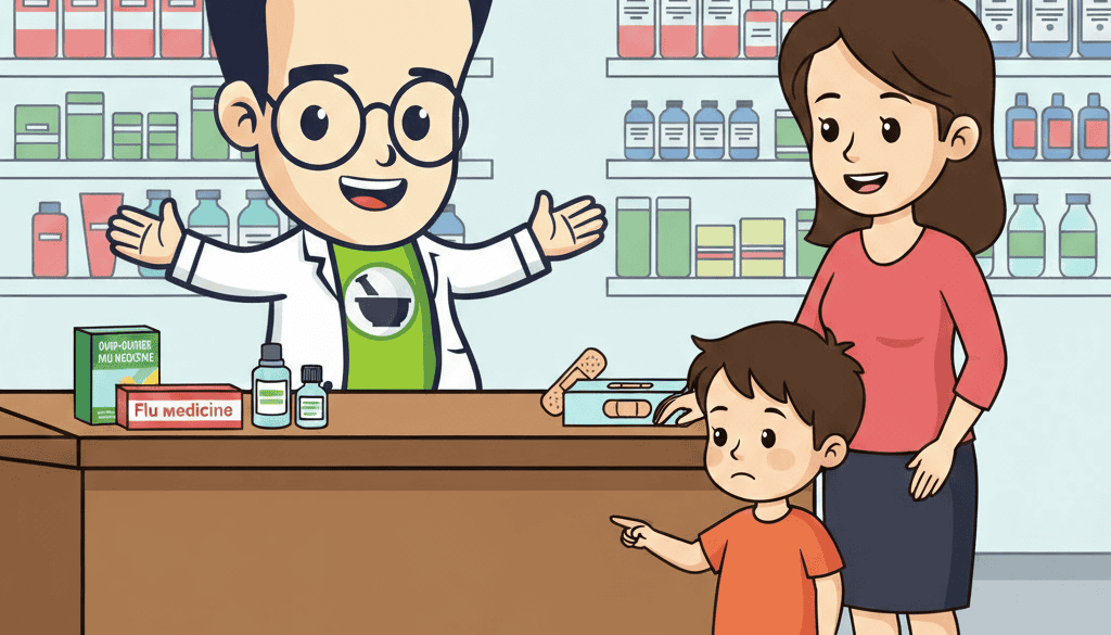 A smiling pharmacist behind a counter gestures toward flu medicine while a young boy points at it and stands beside a woman, likely his mother, in a pharmacy labeled "Minor Pharmacy Clinic.