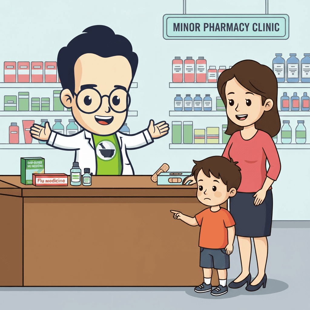 A smiling pharmacist behind a counter gestures toward flu medicine while a young boy points at it and stands beside a woman, likely his mother, in a pharmacy labeled "Minor Pharmacy Clinic.
