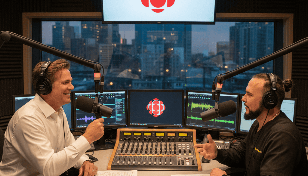 Two men wearing headphones and speaking into microphones sit across from each other in a modern radio studio with soundboards, screens, and a large CBC logo displayed on a monitor behind them.