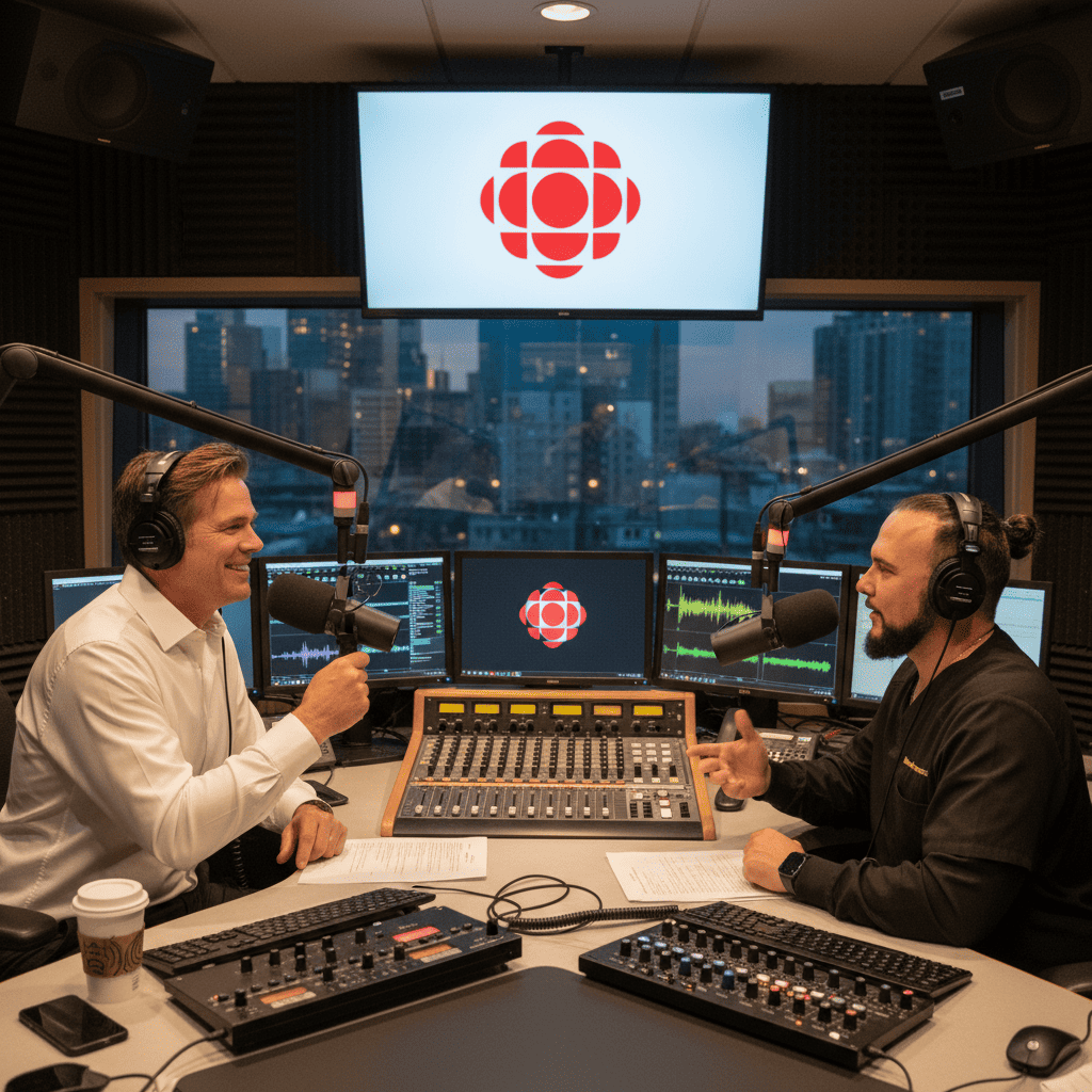 Two men wearing headphones and speaking into microphones sit across from each other in a modern radio studio with soundboards, screens, and a large CBC logo displayed on a monitor behind them.