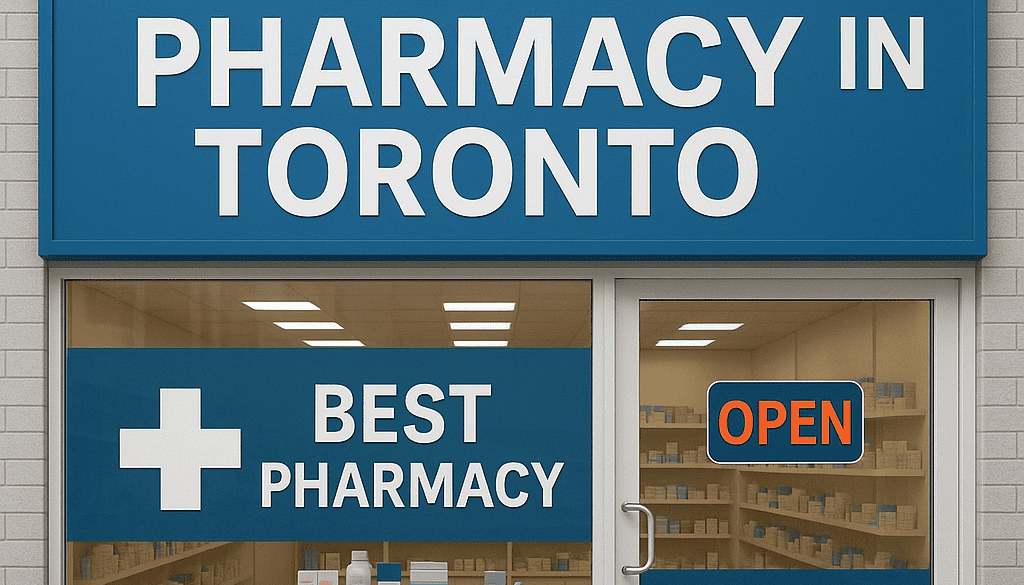 A pharmacy storefront with blue signs reading "Best Pharmacy in Toronto," "Best Pharmacy," "Prescriptions," and an illuminated "Open" sign. Shelves with medicine are visible through the windows.
