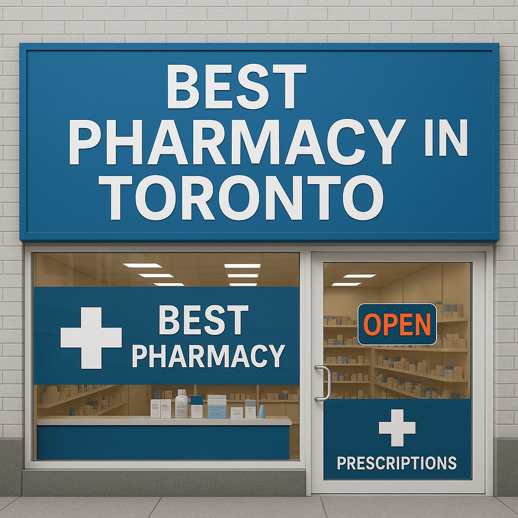 A pharmacy storefront with blue signs reading "Best Pharmacy in Toronto," "Best Pharmacy," "Prescriptions," and an illuminated "Open" sign. Shelves with medicine are visible through the windows.