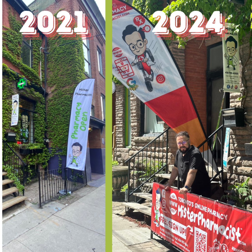 MisterPharmacist_Toronto_Online_Pharmacy A split image showing the change of a pharmacy from 2021 to 2024. The left side depicts a brick building with a "Pharmacy open" banner. The right side shows a man standing next to a new banner and sign with updated branding for "MisterPharmacist.