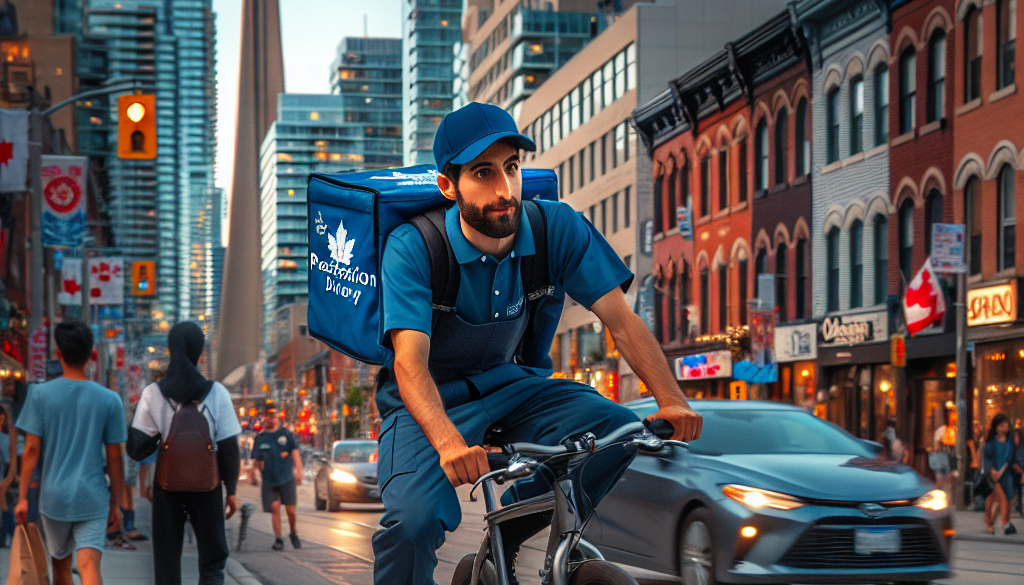 MisterPharmacist_Toronto_Online_Pharmacy A delivery person in a blue uniform rides a bicycle on a bustling city street. Skyscrapers and the CN Tower are visible in the background. Pedestrians and cars are nearby, and buildings are adorned with signs and flags.