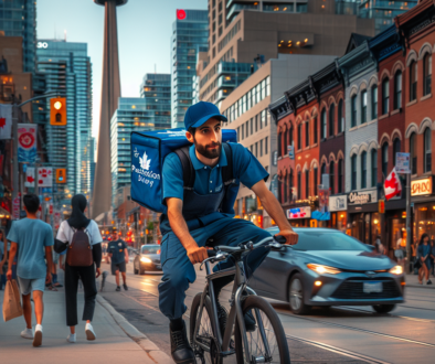 MisterPharmacist_Toronto_Online_Pharmacy A delivery person in a blue uniform rides a bicycle on a bustling city street. Skyscrapers and the CN Tower are visible in the background. Pedestrians and cars are nearby, and buildings are adorned with signs and flags.