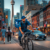 MisterPharmacist_Toronto_Online_Pharmacy A delivery person in a blue uniform rides a bicycle on a bustling city street. Skyscrapers and the CN Tower are visible in the background. Pedestrians and cars are nearby, and buildings are adorned with signs and flags.