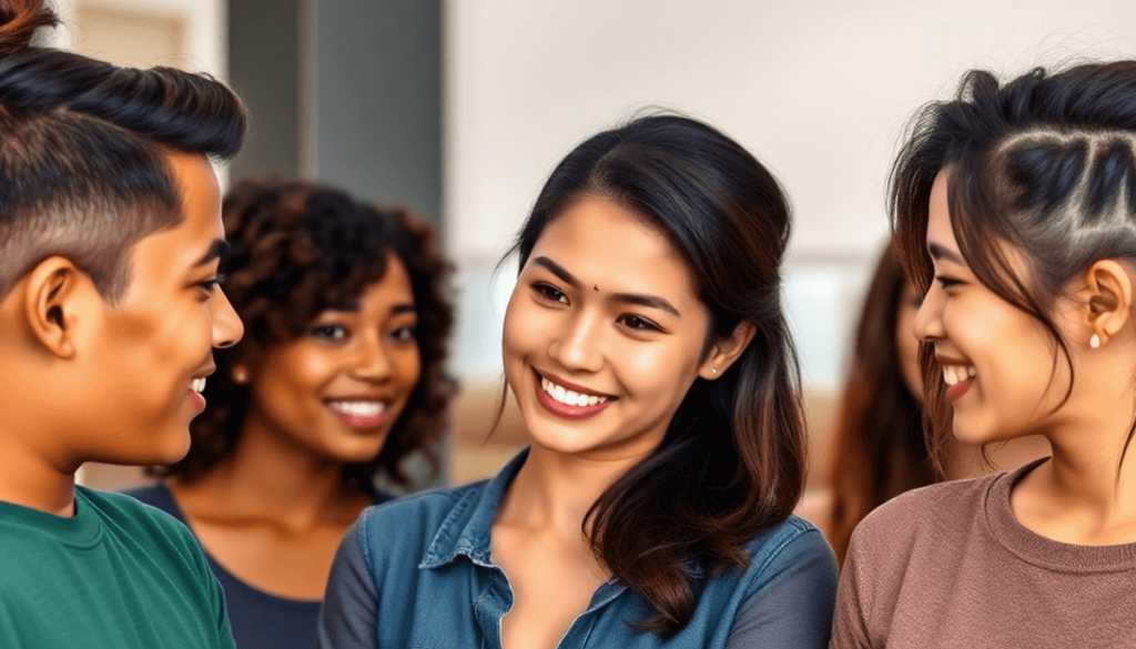 A diverse group of young adults with varying hairstyles, some showing hair loss, engaged in a supportive conversation in a bright, uplifting setting.