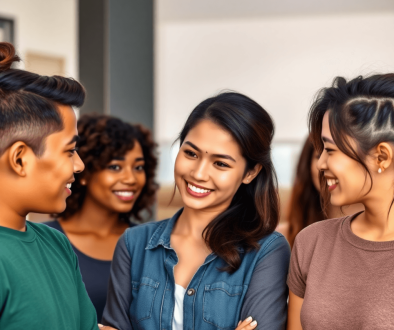 A diverse group of young adults with varying hairstyles, some showing hair loss, engaged in a supportive conversation in a bright, uplifting setting.