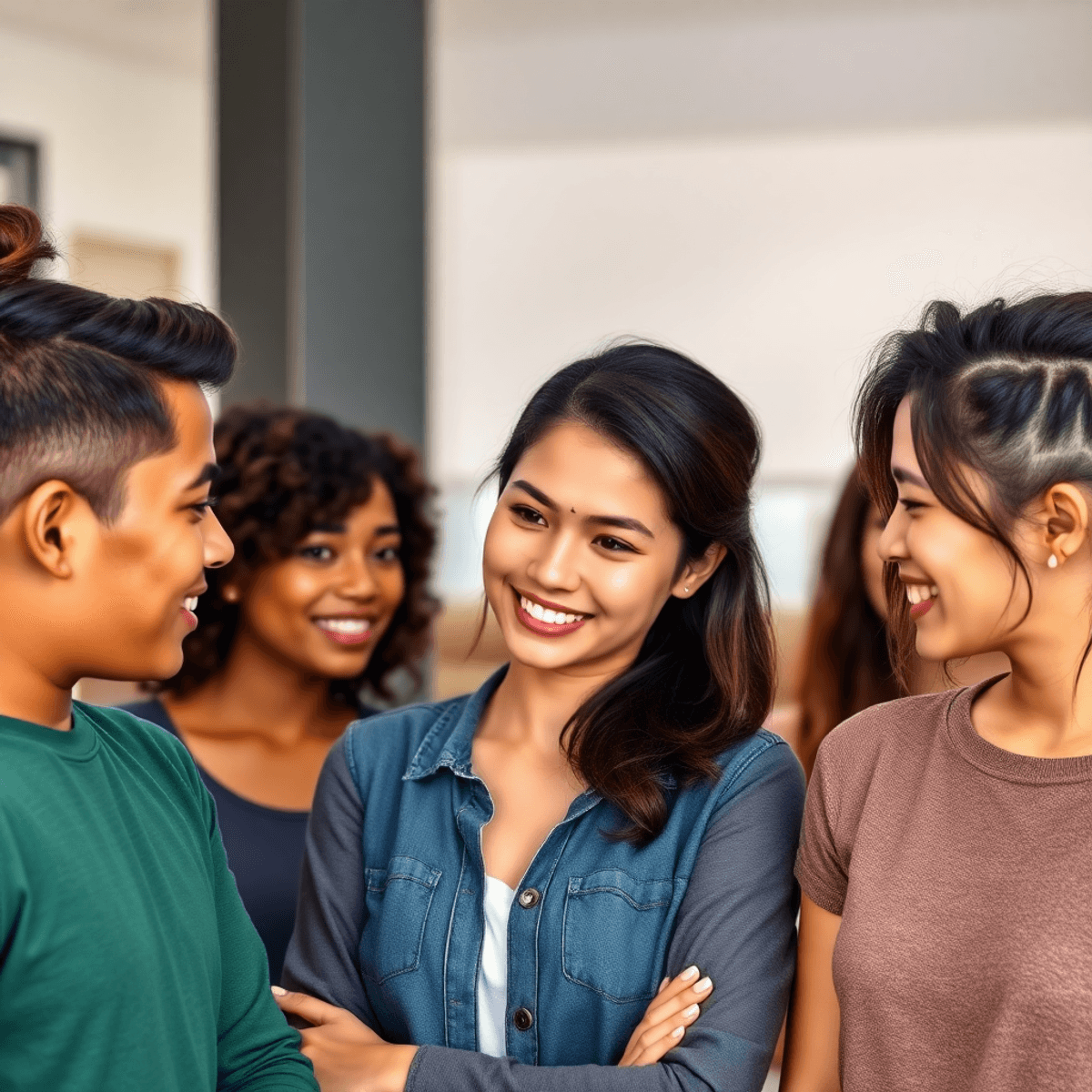 A diverse group of young adults with varying hairstyles, some showing hair loss, engaged in a supportive conversation in a bright, uplifting setting.