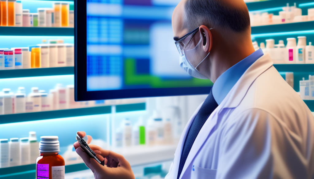 MisterPharmacist_Toronto_Online_Pharmacy A pharmacist in a white coat and mask stands in front of shelves filled with medication bottles, looking at a smartphone. A computer screen with blurred information is in the background.