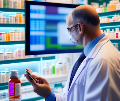 MisterPharmacist_Toronto_Online_Pharmacy A pharmacist in a white coat and mask stands in front of shelves filled with medication bottles, looking at a smartphone. A computer screen with blurred information is in the background.