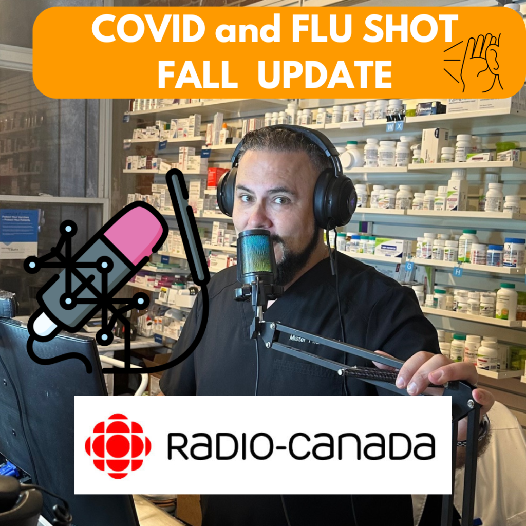 MisterPharmacist_Toronto_Online_Pharmacy A man wearing headphones speaks into a microphone in a pharmacy. A sign above reads "COVID and FLU SHOT FALL UPDATE," with the Radio-Canada logo at the bottom. Nearby, an illustrated microphone and sound icon emphasize fast prescription delivery through TorontoOnlinePharmacy services.