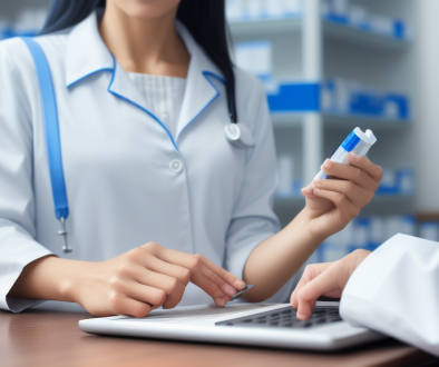 MisterPharmacist_Toronto_Online_Pharmacy A doctor in a white coat with a stethoscope is holding a pill bottle and pointing to a laptop. Another person, also in a white coat, is typing on the laptop. Shelves with medical supplies are visible in the background.