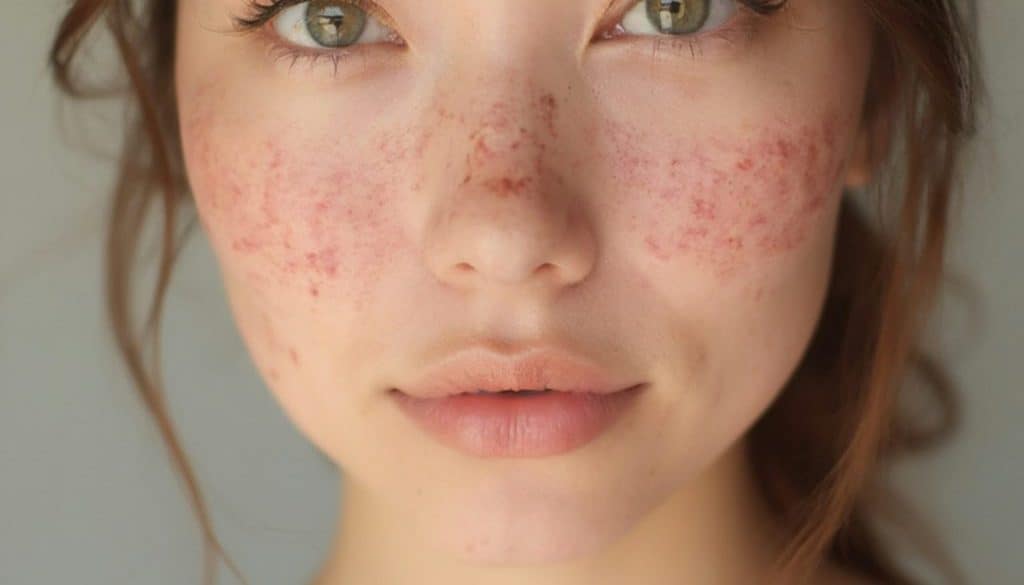 Close-Up Portrait of Acne-Prone Skin with Redness and Natural Texture