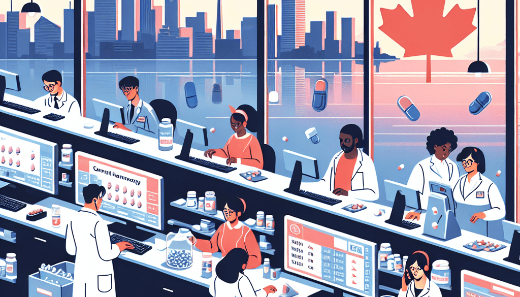 MisterPharmacist_Toronto_Online_Pharmacy Illustration of pharmacists working in a modern pharmacy with shelves of medicine. The Canadian flag is visible through large windows, showcasing a city skyline. Doctors and staff are interacting with prescriptions and patients.