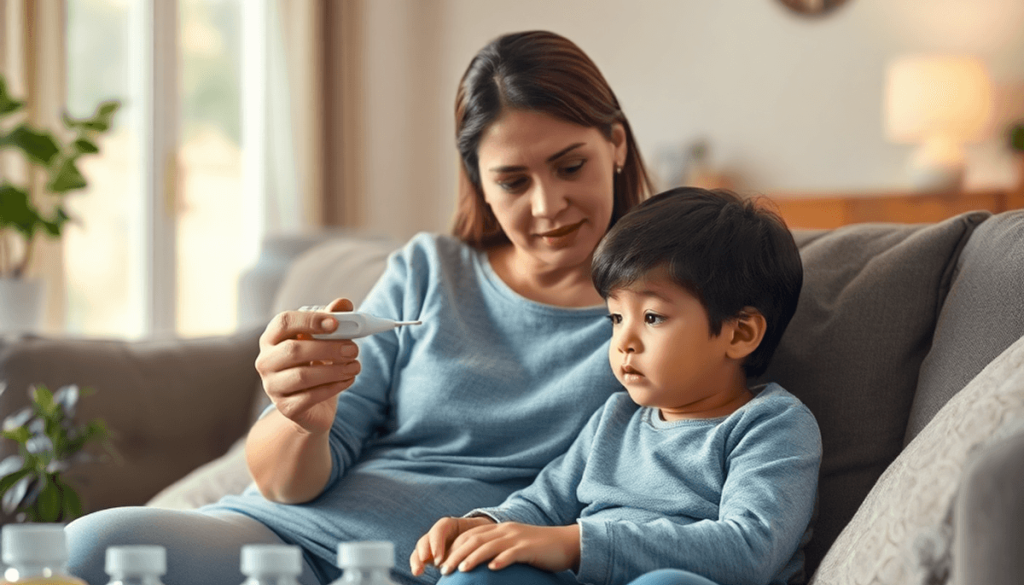 A concerned parent holds a thermometer, gazing at their unwell child on a couch in a cozy living room, with medicine bottles on a nearby table.