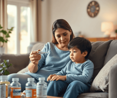 A concerned parent holds a thermometer, gazing at their unwell child on a couch in a cozy living room, with medicine bottles on a nearby table.