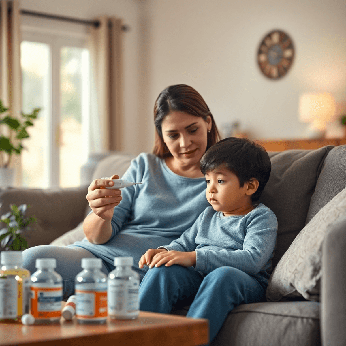 A concerned parent holds a thermometer, gazing at their unwell child on a couch in a cozy living room, with medicine bottles on a nearby table.