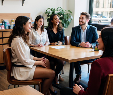 MisterPharmacist_Toronto_Online_Pharmacy A group of five people, three women and two men, sit around a wooden table in a bright office. They are smiling and engaged in conversation. Shelves with various items and a large window are in the background.