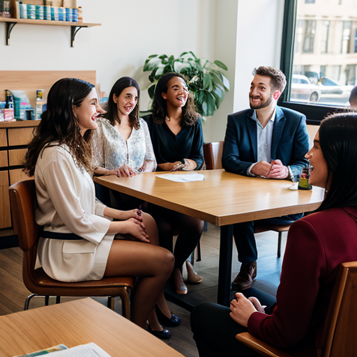 MisterPharmacist_Toronto_Online_Pharmacy A group of five people, three women and two men, sit around a wooden table in a bright office. They are smiling and engaged in conversation. Shelves with various items and a large window are in the background.