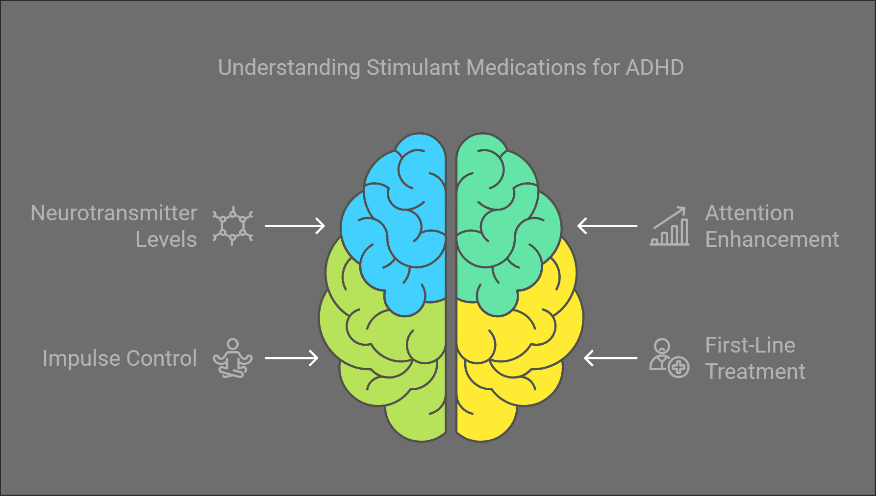 MisterPharmacist_Toronto_Online_Pharmacy Illustration of a brain divided into four colored sections: blue, green, yellow, and green. Labels around the brain include: "Neurotransmitter Levels," "Attention Enhancement," "Impulse Control," and "First-Line Treatment" for ADHD.