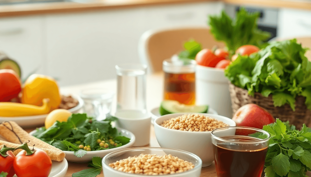 A vibrant table spread with fresh vegetables, whole grains, herbal teas, a glass of water, and a notepad with digestive health tips in a bright kit...