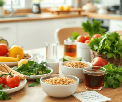 A vibrant table spread with fresh vegetables, whole grains, herbal teas, a glass of water, and a notepad with digestive health tips in a bright kit...