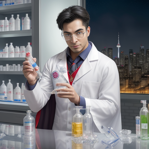 MisterPharmacist_Toronto_Online_Pharmacy A scientist in a lab coat and glasses stands in a laboratory holding a flask with a blue liquid. Shelves with bottles are in the background, and a city skyline is visible through a window.