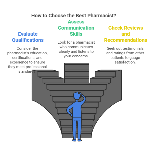 MisterPharmacist_Toronto_Online_Pharmacy Illustration of a person pondering at the bottom of three staircases. Each staircase is labeled: "Evaluate Qualifications," "Assess Communication Skills," and "Check Reviews and Recommendations." Text provides tips on choosing a pharmacist.