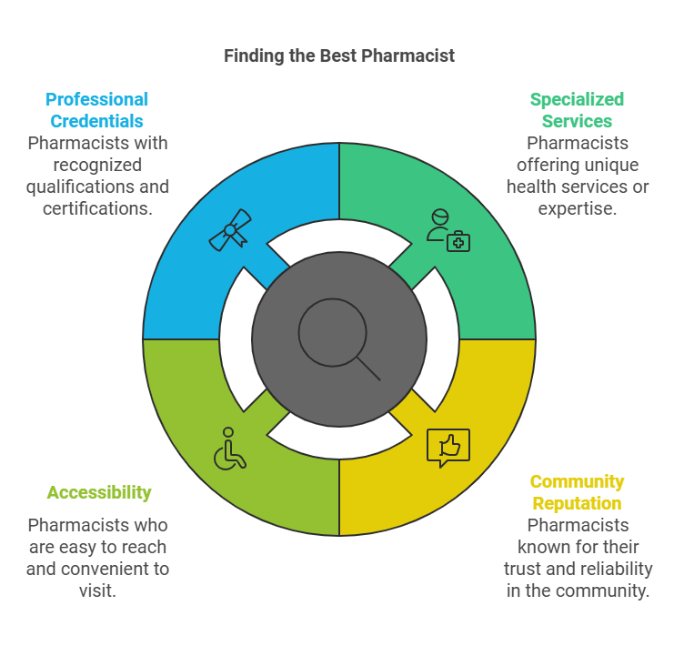 MisterPharmacist_Toronto_Online_Pharmacy A circular infographic titled "Finding the Best Pharmacist," divided into four colored sections: Professional Credentials (blue), Specialized Services (green), Accessibility (yellow), and Community Reputation (orange), with icons representing each aspect.