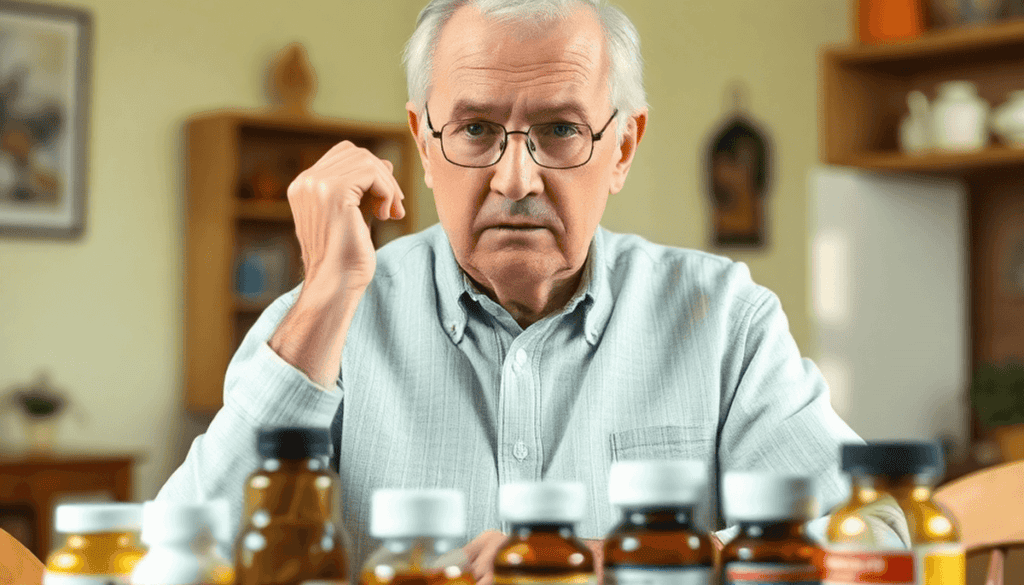 An older adult examines various medication bottles on a table, displaying a thoughtful expression in a bright and inviting setting.