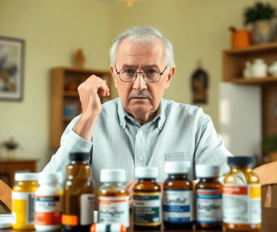 An older adult examines various medication bottles on a table, displaying a thoughtful expression in a bright and inviting setting.