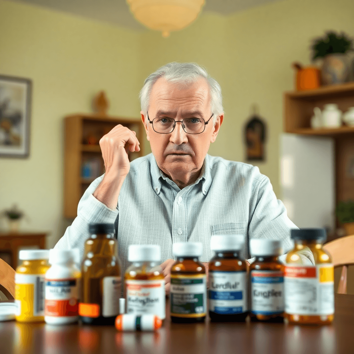 An older adult examines various medication bottles on a table, displaying a thoughtful expression in a bright and inviting setting.