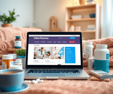 A laptop displaying an online pharmacy website, surrounded by medications and health items, with a cozy cup of tea in a soft-focused home setting.