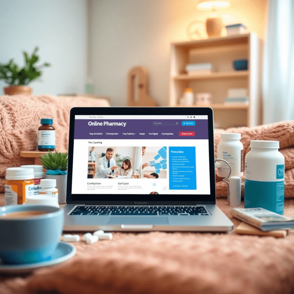 A laptop displaying an online pharmacy website, surrounded by medications and health items, with a cozy cup of tea in a soft-focused home setting.