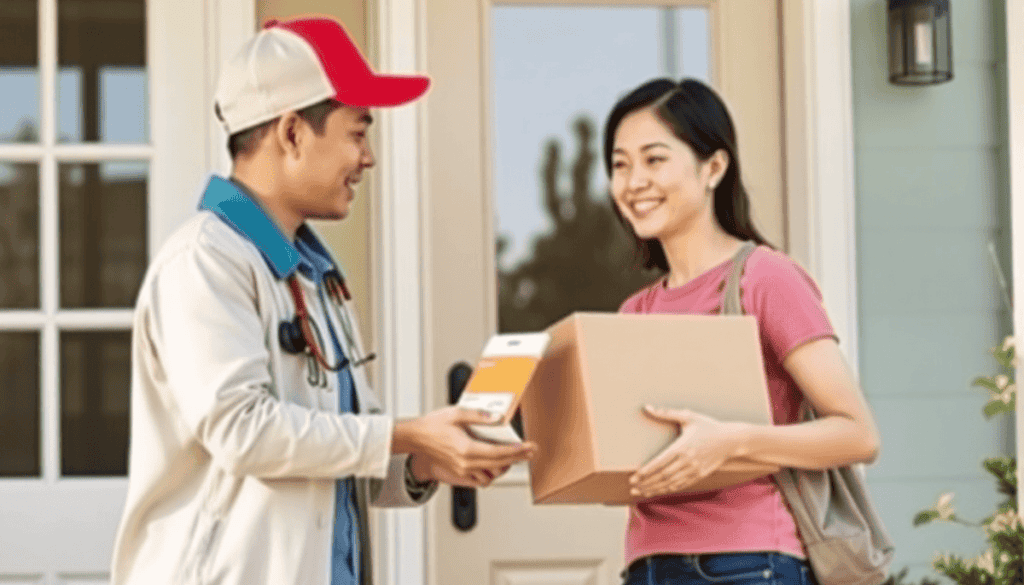 A delivery courier hands a prescription package to a smiling woman at her home doorstep, illustrating fast and convenient medication delivery servi...
