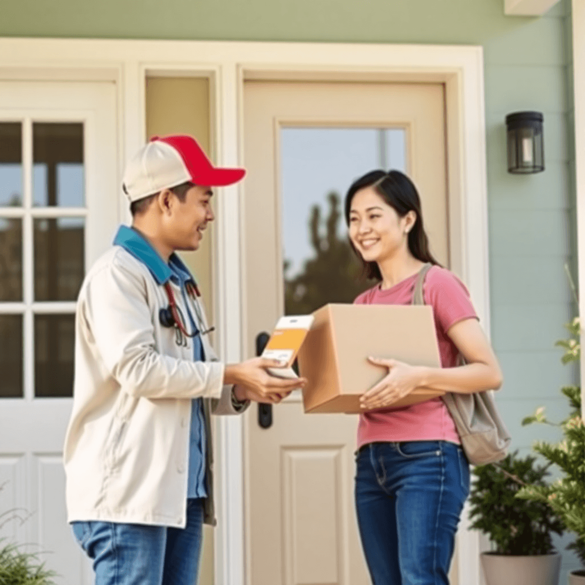 A delivery courier hands a prescription package to a smiling woman at her home doorstep, illustrating fast and convenient medication delivery servi...