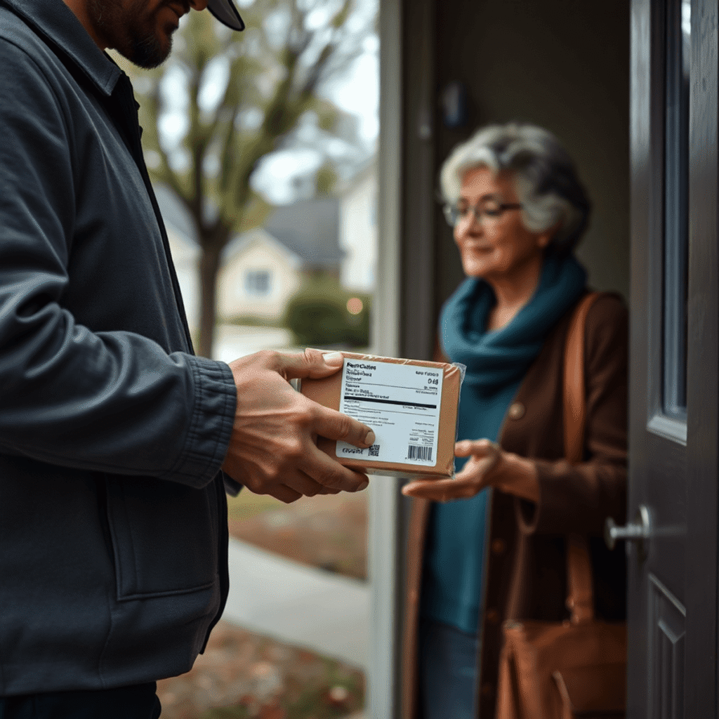 A delivery person handing a prescription package to an elderly woman at her doorstep in a quiet residential neighborhood.