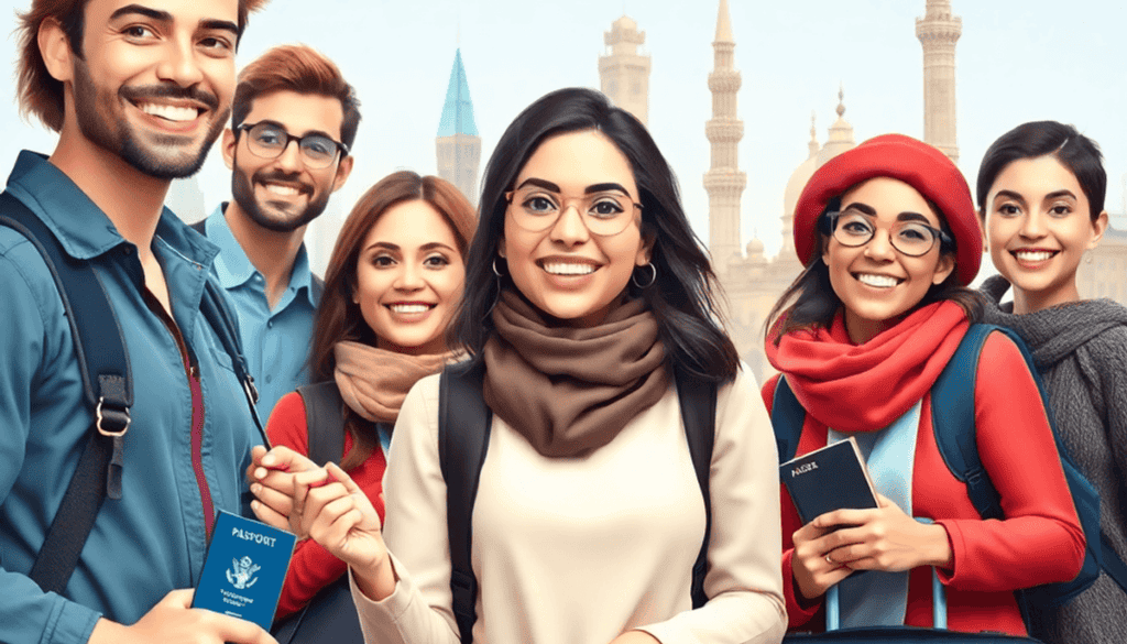 A diverse group of travelers happily preparing for an international trip with passports, vaccine cards, and luggage against famous global landmarks.