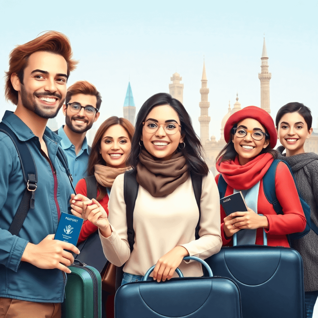 A diverse group of travelers happily preparing for an international trip with passports, vaccine cards, and luggage against famous global landmarks.