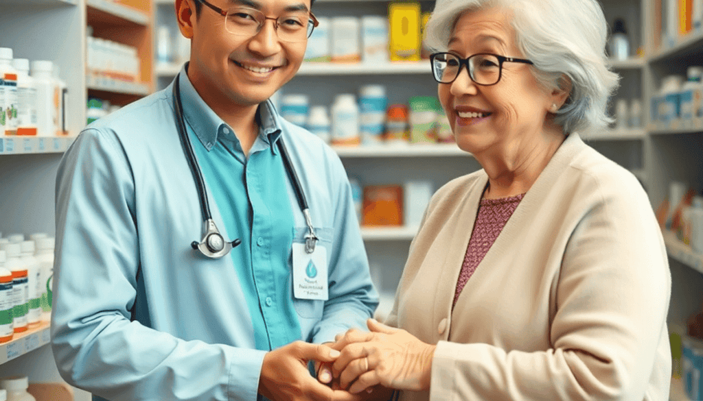 A friendly pharmacist helping an elderly woman in a warm pharmacy surrounded by shelves of medications and healthcare products.