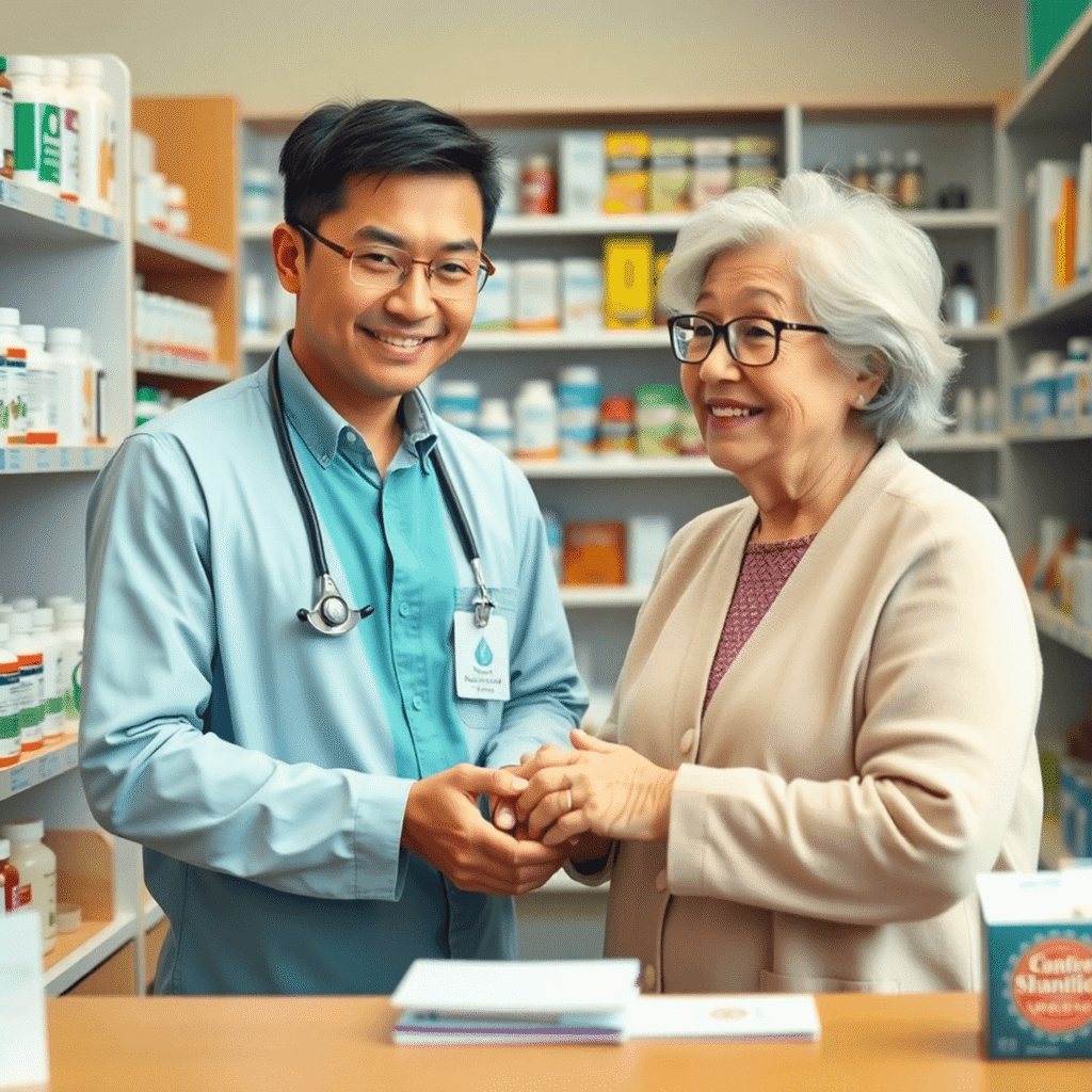 A friendly pharmacist helping an elderly woman in a warm pharmacy surrounded by shelves of medications and healthcare products.