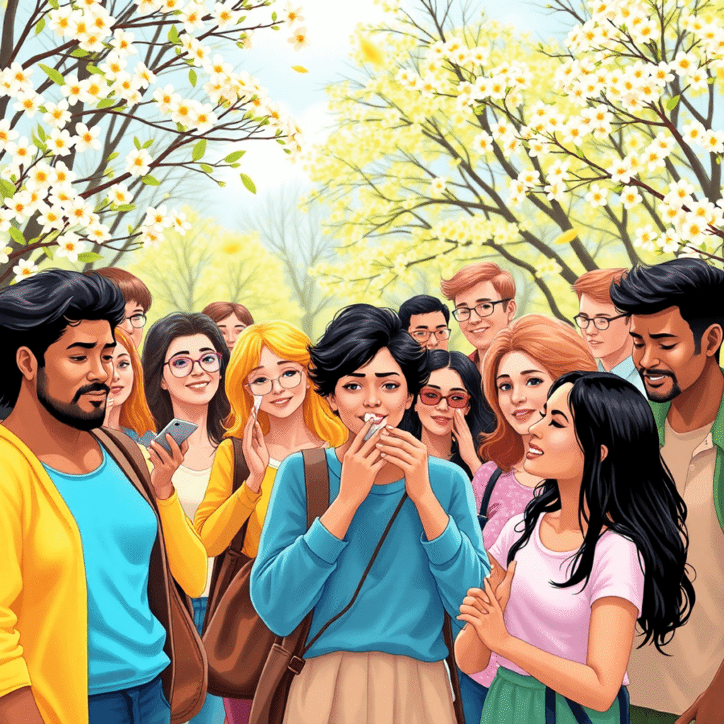 A group outdoors in spring among blooming flowers and trees with visible pollen; some individuals use tissues or eye drops to ease allergy symptoms.
