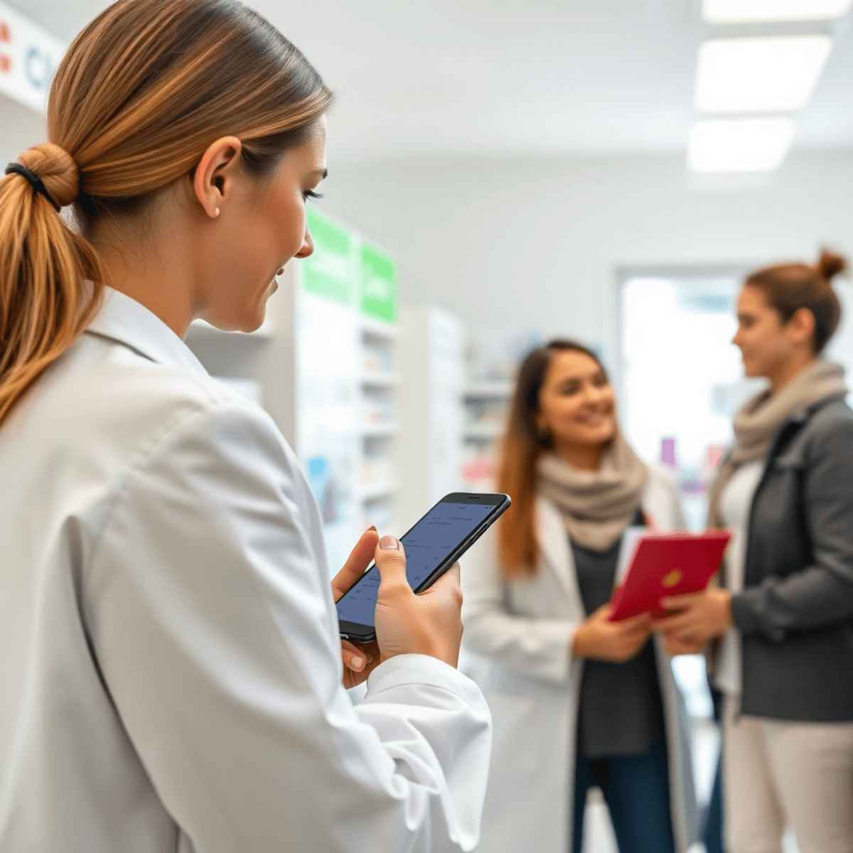 A modern pharmacy with a digital prescription app on a smartphone and a pharmacist assisting a customer in a bright, welcoming store.